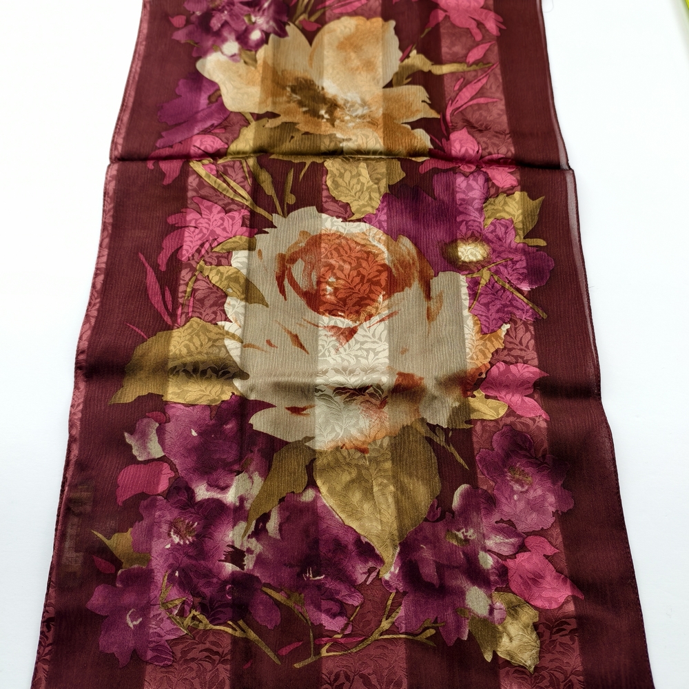 Lauren Ralph Lauren Floral Silk Skinny Scarf Twilly Burgundy Pink Gold 53x12 - Picture 4 of 7